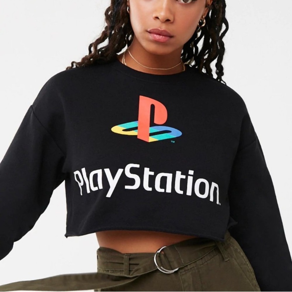 Sony Black Cropped PlayStation Logo Crewneck Sweater with Multicolor Logo
